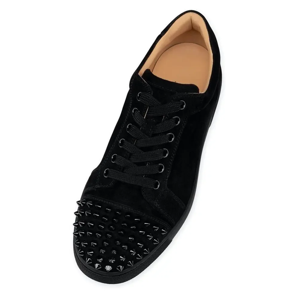 Christian Louboutin Vieira Spikes Flat Black Suede Lace Up Low Top Sneaker 40.5